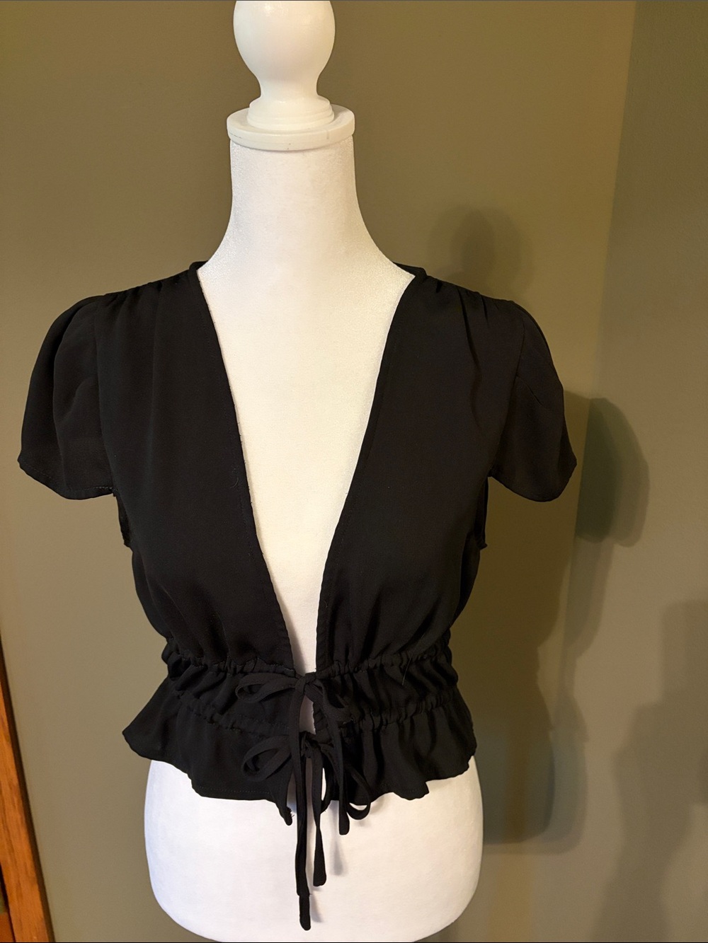 About Us Black Short-Sleeve Tie-Front Deep V  Top